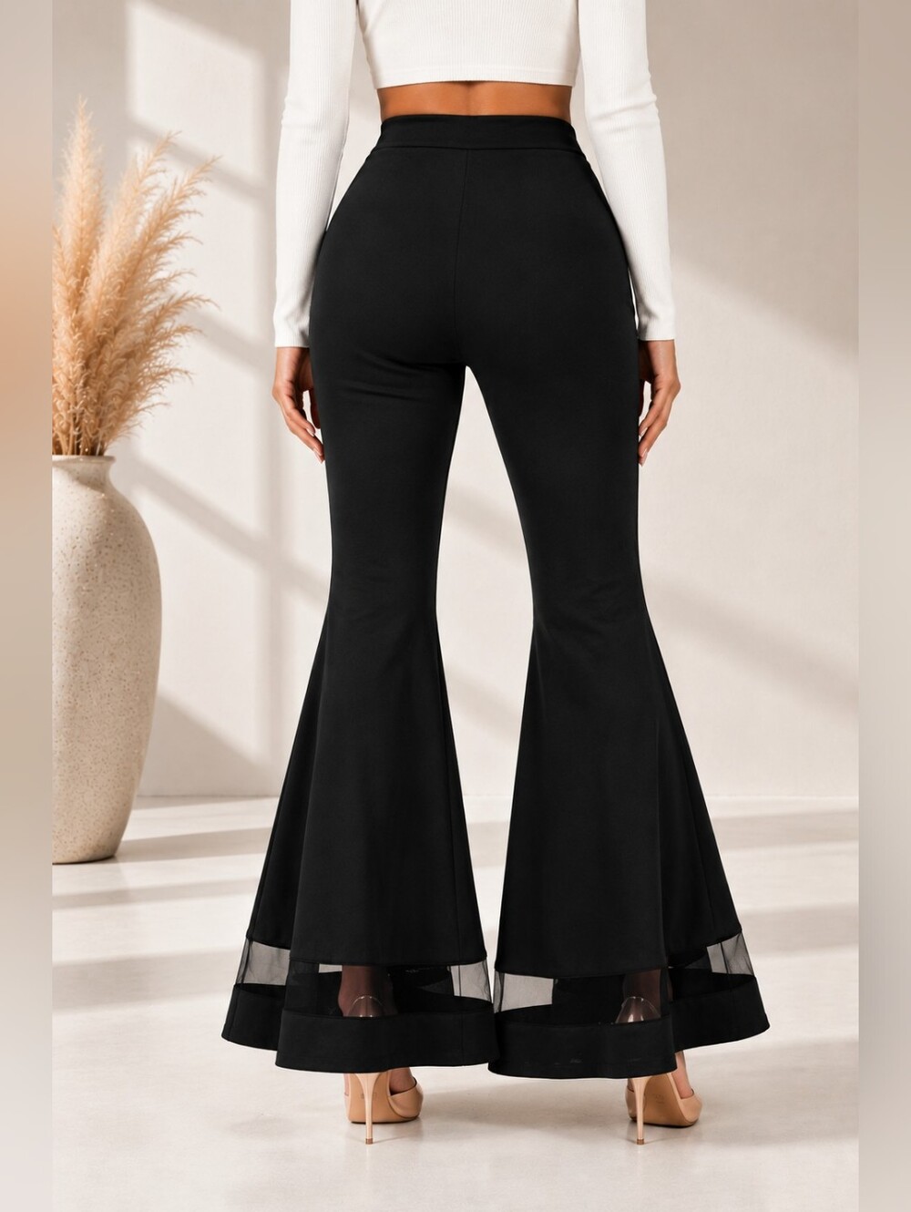 Women Black Mesh Insert Flare Leg Pants - High Waist - Size XS (US 2) - Picture 2 of 5